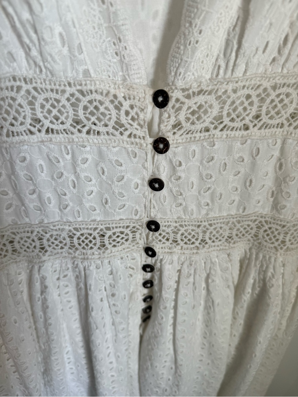 Free People White Eyelet Lace Button-Front Midi Dress with ruffle sleeves. SM - Picture 3 of 9